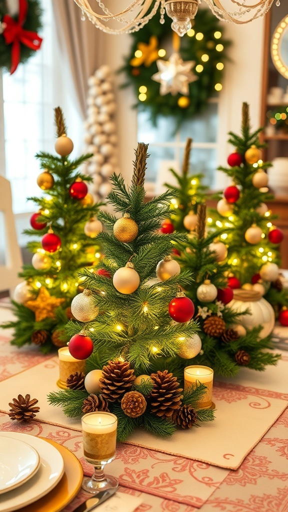 A festive table setting with mini Christmas trees, ornaments, and candles.